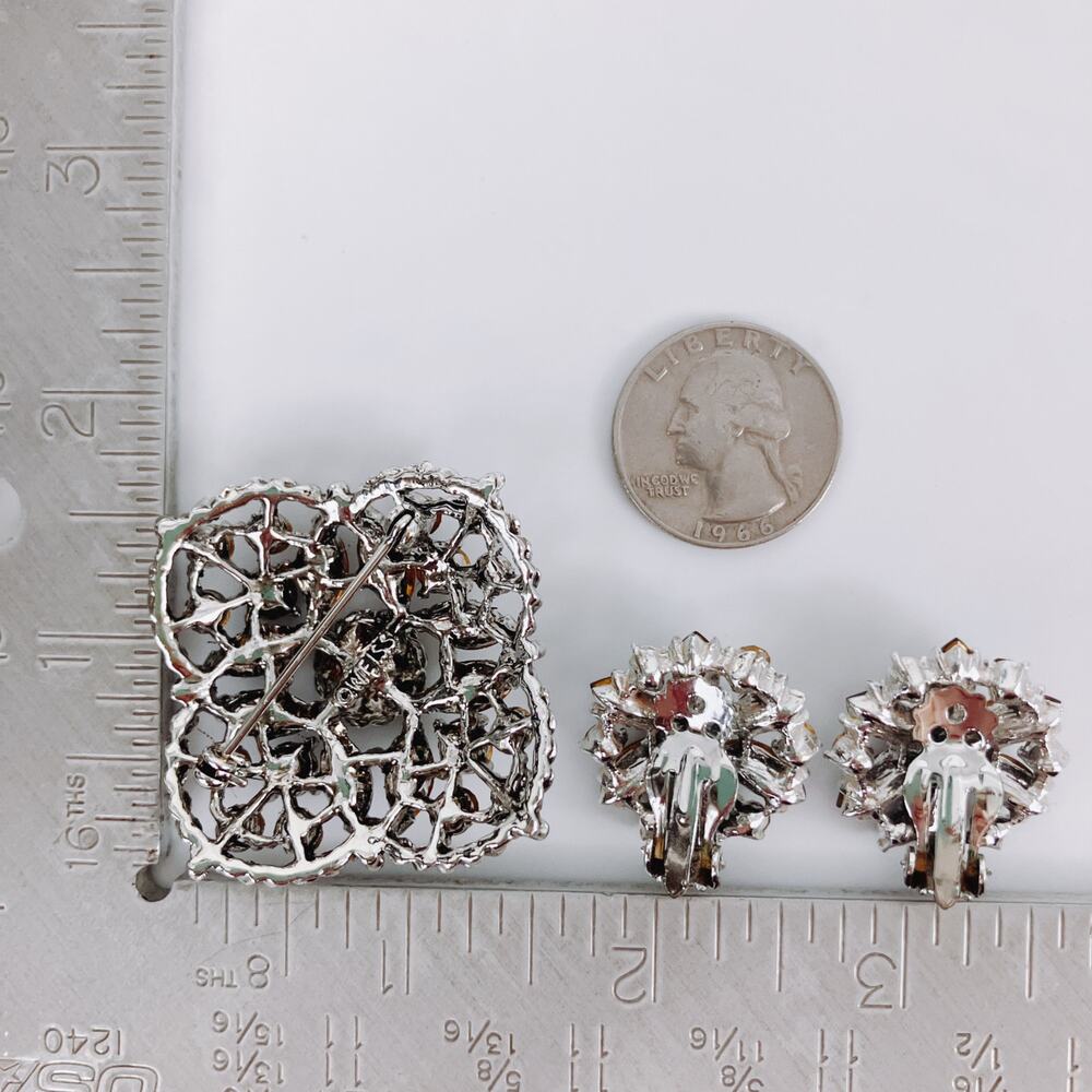 Signed Weiss Rhinestone Brooch Earring Matching Parure Set 50s Silver Tone READ - Picture 11 of 11